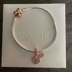 Pandora heart clasp snake chain bracelet with pave heart padlocks dangle charm